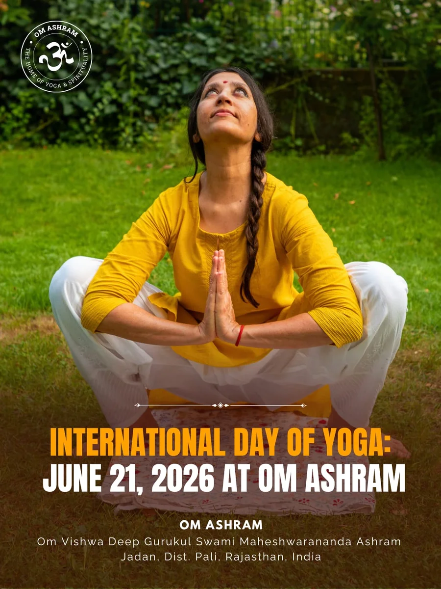 An Indian woman performing a traditional yoga squat with hands clasped in prayer, symbolizing vitality and the 'Yoga for Healthy Ageing' theme.